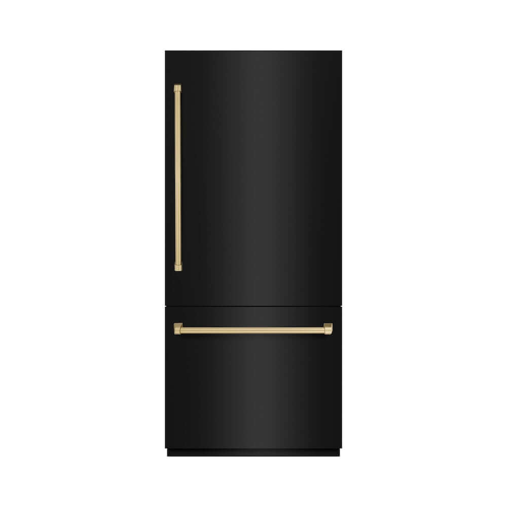 ZLINE Autograph Edition 36 in. 19.8 cu. ft. Built-In Bottom Freezer Refrigerator with Water Dispenser and Ice Maker in Black Stainless Steel with Graphite Gray Interior and Champagne Bronze Accents (GRBITZ-BS-36-CB) front, closed.