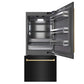 ZLINE Autograph Edition 36 in. 19.8 cu. ft. Built-In Bottom Freezer Refrigerator with Water Dispenser and Ice Maker in Black Stainless Steel with Graphite Gray Interior and Champagne Bronze Accents (GRBITZ-BS-36-CB) front, refrigeration compartment and bottom freezer open.