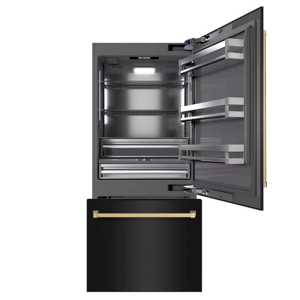 ZLINE Autograph Edition 36 in. 19.8 cu. ft. Built-In Bottom Freezer Refrigerator with Water Dispenser and Ice Maker in Black Stainless Steel with Graphite Gray Interior and Champagne Bronze Accents (GRBITZ-BS-36-CB) front, refrigeration compartment and bottom freezer open.