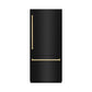 ZLINE Autograph Edition 36 in. 19.8 cu. ft. Built-In Bottom Freezer Refrigerator with Water Dispenser and Ice Maker in Black Stainless Steel with Graphite Gray Interior and Polished Gold Accents (GRBITZ-BS-36-G) front, closed.