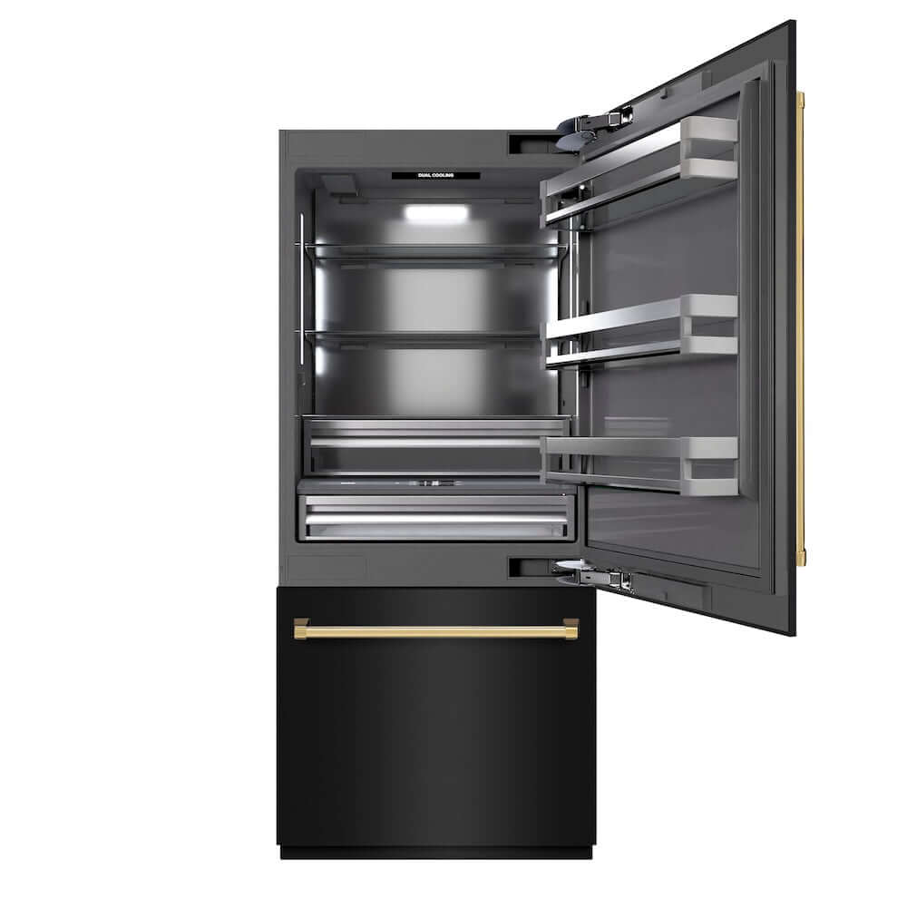 ZLINE Autograph Edition 36 in. 19.8 cu. ft. Built-In Bottom Freezer Refrigerator with Water Dispenser and Ice Maker in Black Stainless Steel with Graphite Gray Interior and Polished Gold Accents (GRBITZ-BS-36-G) main image.
