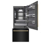 ZLINE Autograph Edition 36 in. 19.8 cu. ft. Built-In Bottom Freezer Refrigerator with Water Dispenser and Ice Maker in Black Stainless Steel with Graphite Gray Interior and Polished Gold Accents (GRBITZ-BS-36-G) front, refrigeration compartment and bottom freezer open.
