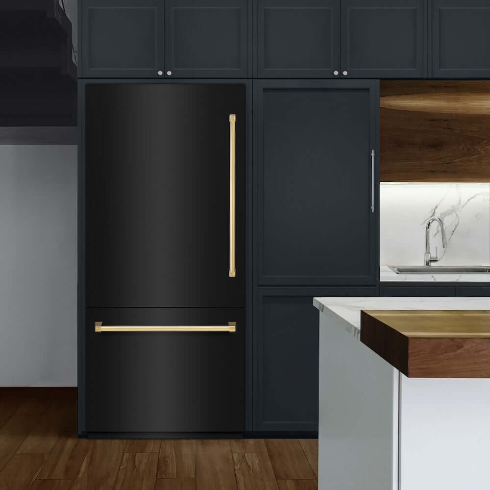 ZLINE Autograph Edition 36 in. 19.8 cu. ft. Built-In Bottom Freezer Refrigerator with Water Dispenser and Ice Maker in Black Stainless Steel with Graphite Gray Interior and Polished Gold Accents (GRBITZ-BS-36-G) in a luxury kitchen.