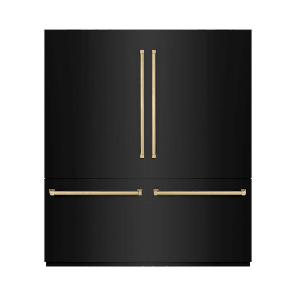 ZLINE Autograph Edition 72 in. 39.6 cu. ft. French Door Built-In Bottom Freezer Refrigerator with Water Dispensers and Ice Makers in Black Stainless Steel with Graphite Gray Interior and Champagne Bronze Accents (GRBITZ-BS-72-CB) front, closed.