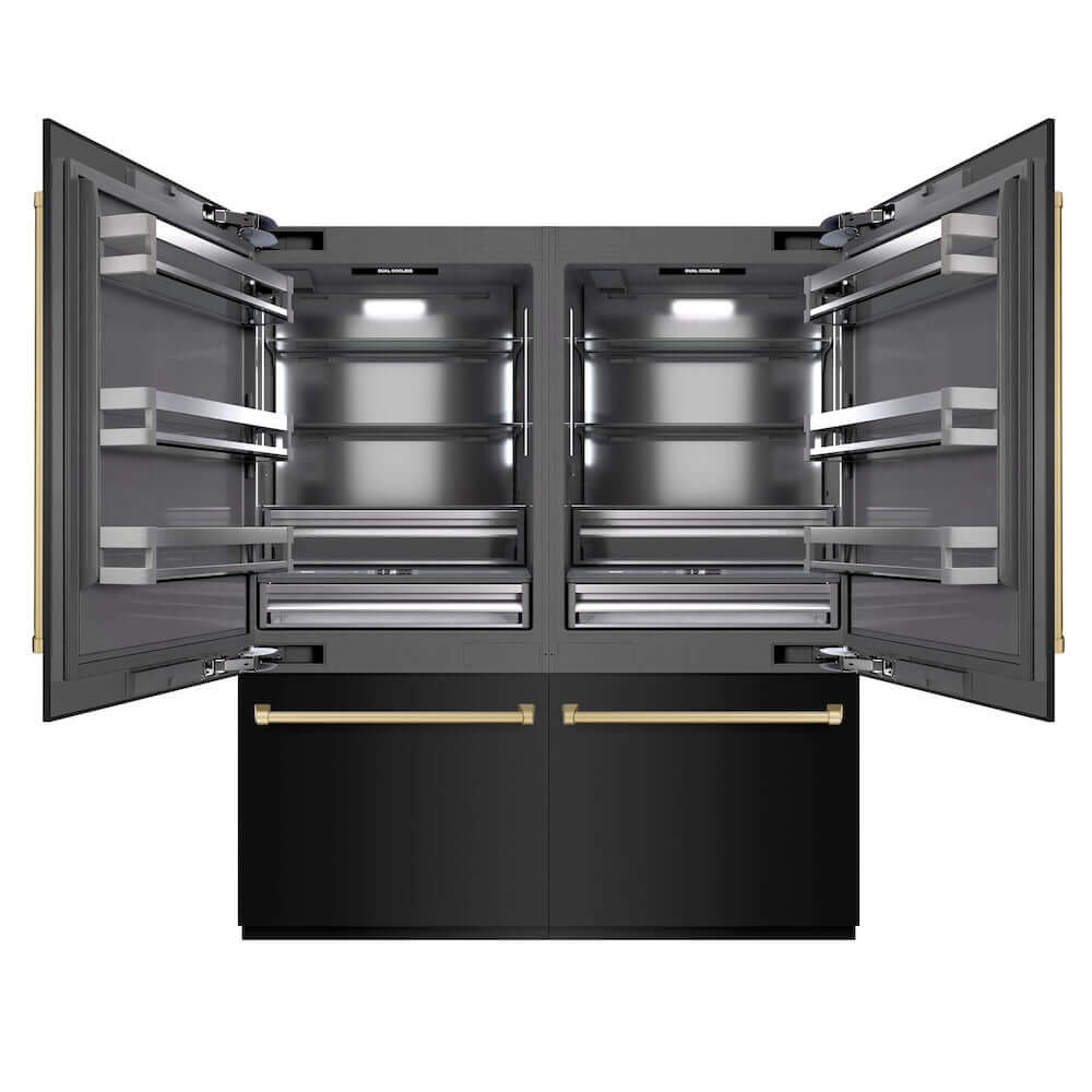 ZLINE Autograph Edition 72 in. 39.6 cu. ft. French Door Built-In Bottom Freezer Refrigerator with Water Dispensers and Ice Makers in Black Stainless Steel with Graphite Gray Interior and Champagne Bronze Accents (GRBITZ-BS-72-CB) main image.