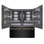 ZLINE Autograph Edition 72 in. 39.6 cu. ft. French Door Built-In Bottom Freezer Refrigerator with Water Dispensers and Ice Makers in Black Stainless Steel with Graphite Gray Interior and Champagne Bronze Accents (GRBITZ-BS-72-CB) front, refrigeration compartment open.