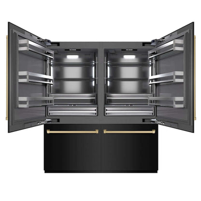 ZLINE Autograph Edition 72 in. 39.6 cu. ft. French Door Built-In Bottom Freezer Refrigerator with Water Dispensers and Ice Makers in Black Stainless Steel with Graphite Gray Interior and Champagne Bronze Accents (GRBITZ-BS-72-CB) front, refrigeration compartment open.