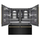 ZLINE Autograph Edition 72 in. 39.6 cu. ft. French Door Built-In Bottom Freezer Refrigerator with Water Dispensers and Ice Makers in Black Stainless Steel with Graphite Gray Interior and Champagne Bronze Accents (GRBITZ-BS-72-CB) front, refrigeration compartment and bottom freezer open.