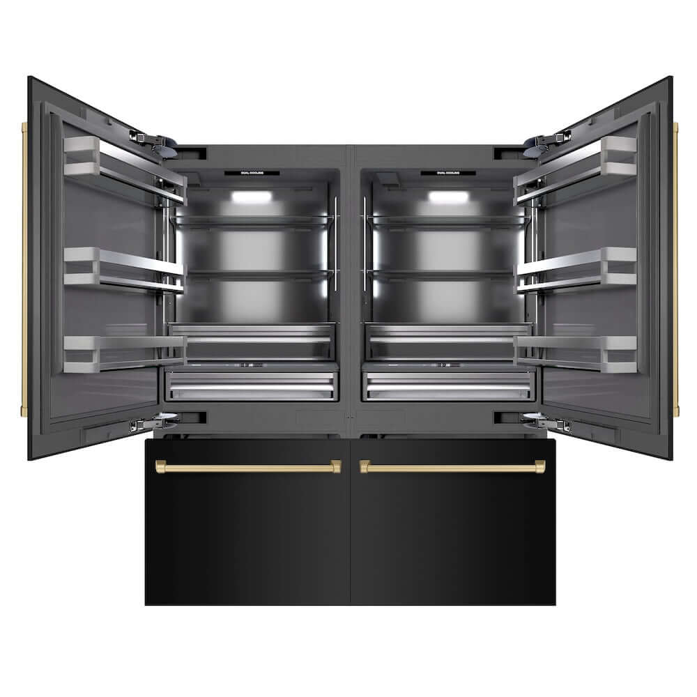 ZLINE Autograph Edition 72 in. 39.6 cu. ft. French Door Built-In Bottom Freezer Refrigerator with Water Dispensers and Ice Makers in Black Stainless Steel with Graphite Gray Interior and Champagne Bronze Accents (GRBITZ-BS-72-CB) front, refrigeration compartment and bottom freezer open.