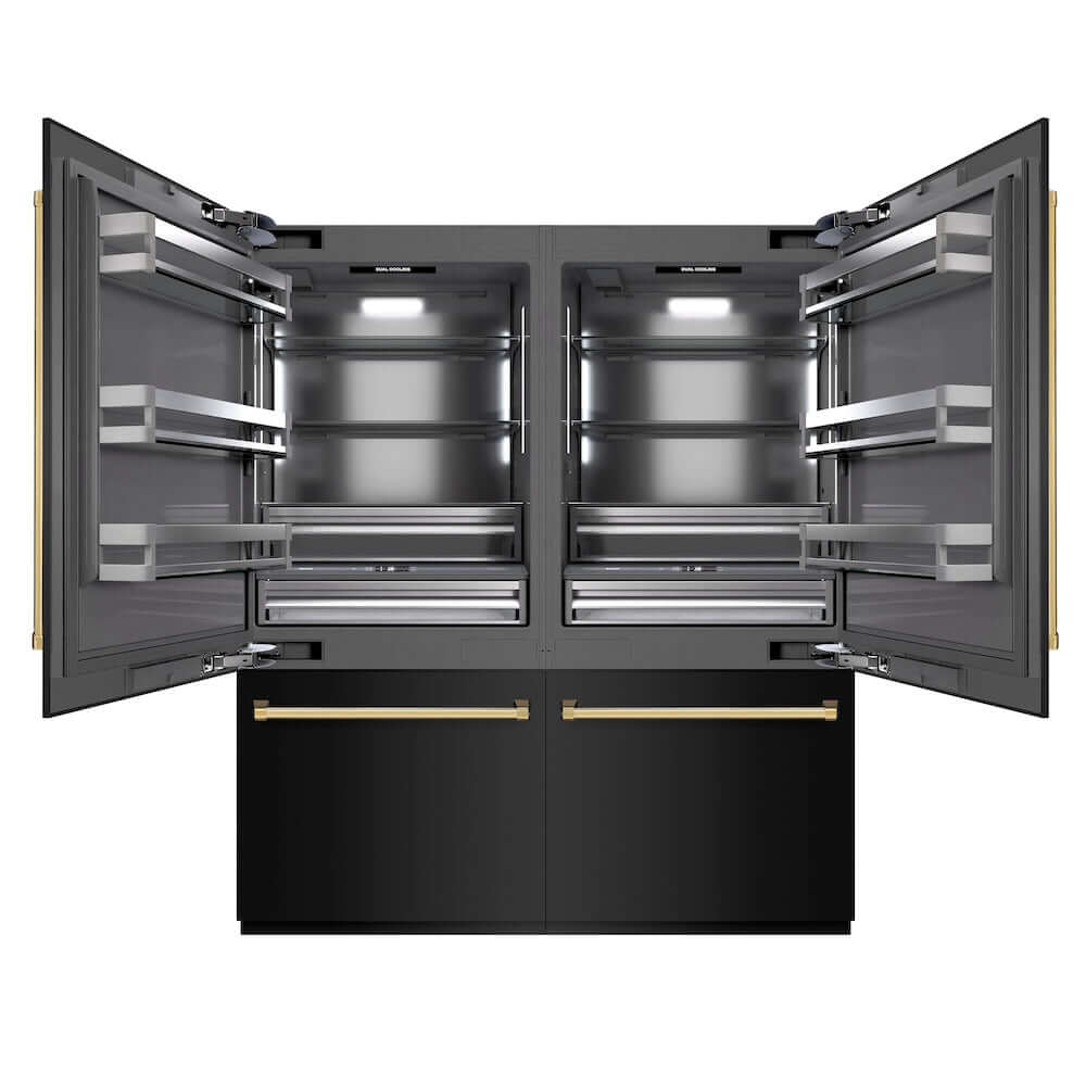 ZLINE Autograph Edition 72 in. 39.6 cu. ft. French Door Built-In Bottom Freezer Refrigerator with Water Dispensers and Ice Makers in Black Stainless Steel with Graphite Gray Interior and Polished Gold Accents (GRBITZ-BS-72-G) main image.