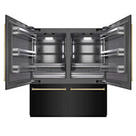 ZLINE Autograph Edition 72 in. 39.6 cu. ft. French Door Built-In Bottom Freezer Refrigerator with Water Dispensers and Ice Makers in Black Stainless Steel with Graphite Gray Interior and Polished Gold Accents (GRBITZ-BS-72-G) front, refrigeration compartment open.