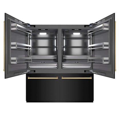 ZLINE Autograph Edition 72 in. 39.6 cu. ft. French Door Built-In Bottom Freezer Refrigerator with Water Dispensers and Ice Makers in Black Stainless Steel with Graphite Gray Interior and Polished Gold Accents (GRBITZ-BS-72-G) front, refrigeration compartment open.