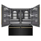 ZLINE Autograph Edition 72 in. 39.6 cu. ft. French Door Built-In Bottom Freezer Refrigerator with Water Dispensers and Ice Makers in Black Stainless Steel with Graphite Gray Interior and Polished Gold Accents (GRBITZ-BS-72-G) front, refrigeration compartment and bottom freezer open.