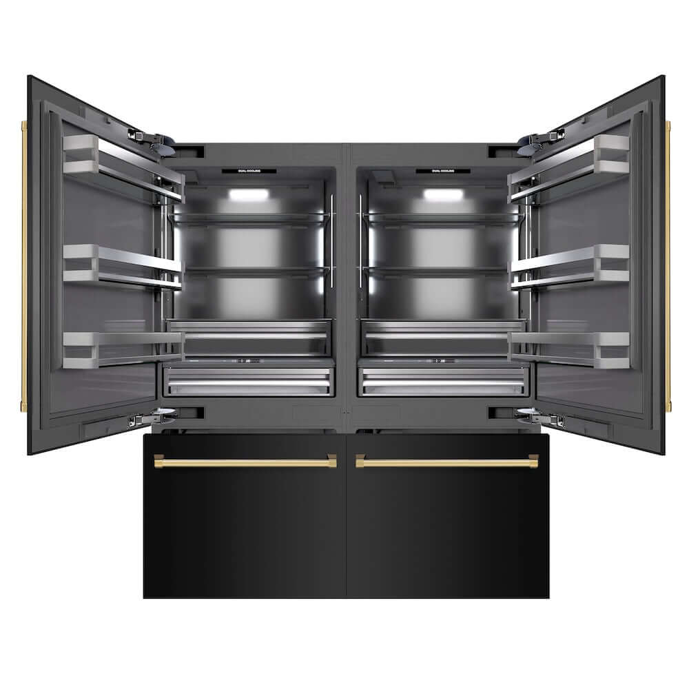 ZLINE Autograph Edition 72 in. 39.6 cu. ft. French Door Built-In Bottom Freezer Refrigerator with Water Dispensers and Ice Makers in Black Stainless Steel with Graphite Gray Interior and Polished Gold Accents (GRBITZ-BS-72-G) front, refrigeration compartment and bottom freezer open.