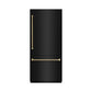 ZLINE Autograph Edition 36 in. 19.8 cu. ft. Built-In Bottom Freezer Refrigerator with Water Dispenser and Ice Maker in Black Stainless Steel with Graphite Gray Interior and Champagne Bronze Helix Handles (GRBITZ-BS36-KCB) front, closed.