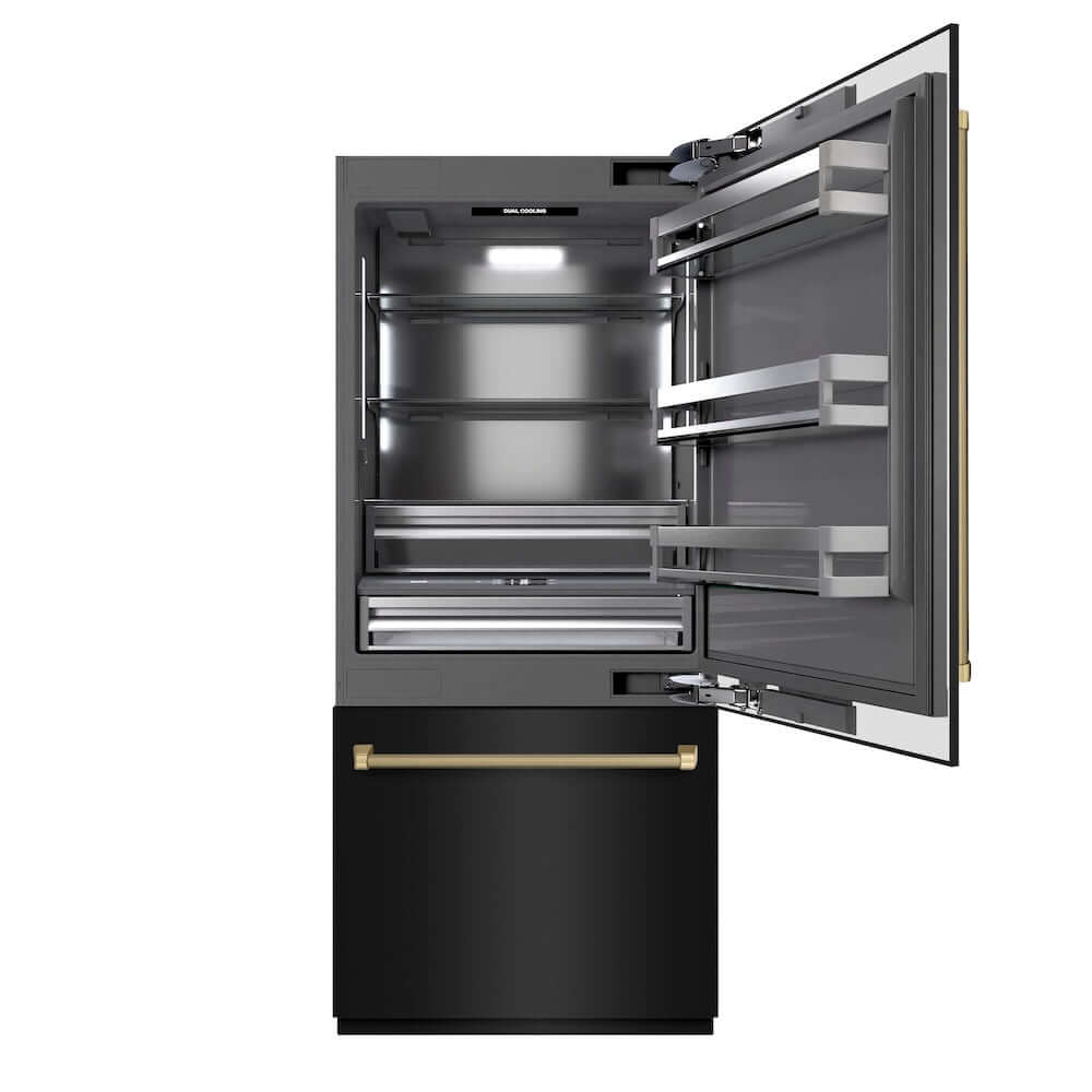 ZLINE Autograph Edition 36 in. 19.8 cu. ft. Built-In Bottom Freezer Refrigerator with Water Dispenser and Ice Maker in Black Stainless Steel with Graphite Gray Interior and Champagne Bronze Helix Handles (GRBITZ-BS36-KCB) main image.