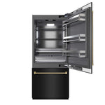 ZLINE Autograph Edition 36 in. 19.8 cu. ft. Built-In Bottom Freezer Refrigerator with Water Dispenser and Ice Maker in Black Stainless Steel with Graphite Gray Interior and Champagne Bronze Helix Handles (GRBITZ-BS36-KCB) front, refrigeration compartment open.