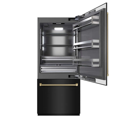 ZLINE Autograph Edition 36 in. 19.8 cu. ft. Built-In Bottom Freezer Refrigerator with Water Dispenser and Ice Maker in Black Stainless Steel with Graphite Gray Interior and Champagne Bronze Helix Handles (GRBITZ-BS36-KCB) front, refrigeration compartment open.