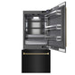 ZLINE Autograph Edition 36 in. 19.8 cu. ft. Built-In Bottom Freezer Refrigerator with Water Dispenser and Ice Maker in Black Stainless Steel with Graphite Gray Interior and Champagne Bronze Helix Handles (GRBITZ-BS36-KCB) front, refrigeration compartment and bottom freezer open.