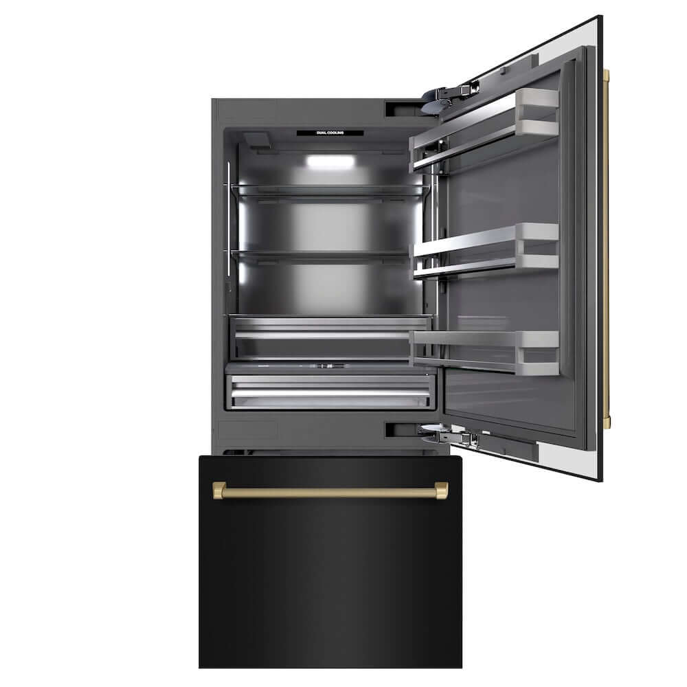 ZLINE Autograph Edition 36 in. 19.8 cu. ft. Built-In Bottom Freezer Refrigerator with Water Dispenser and Ice Maker in Black Stainless Steel with Graphite Gray Interior and Champagne Bronze Helix Handles (GRBITZ-BS36-KCB) front, refrigeration compartment and bottom freezer open.
