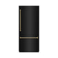 ZLINE Autograph Edition 36 in. 19.8 cu. ft. Built-In Bottom Freezer Refrigerator with Water Dispenser and Ice Maker in Black Stainless Steel with Graphite Gray Interior and Polished Gold Helix Handles (GRBITZ-BS36-KG) front, closed.