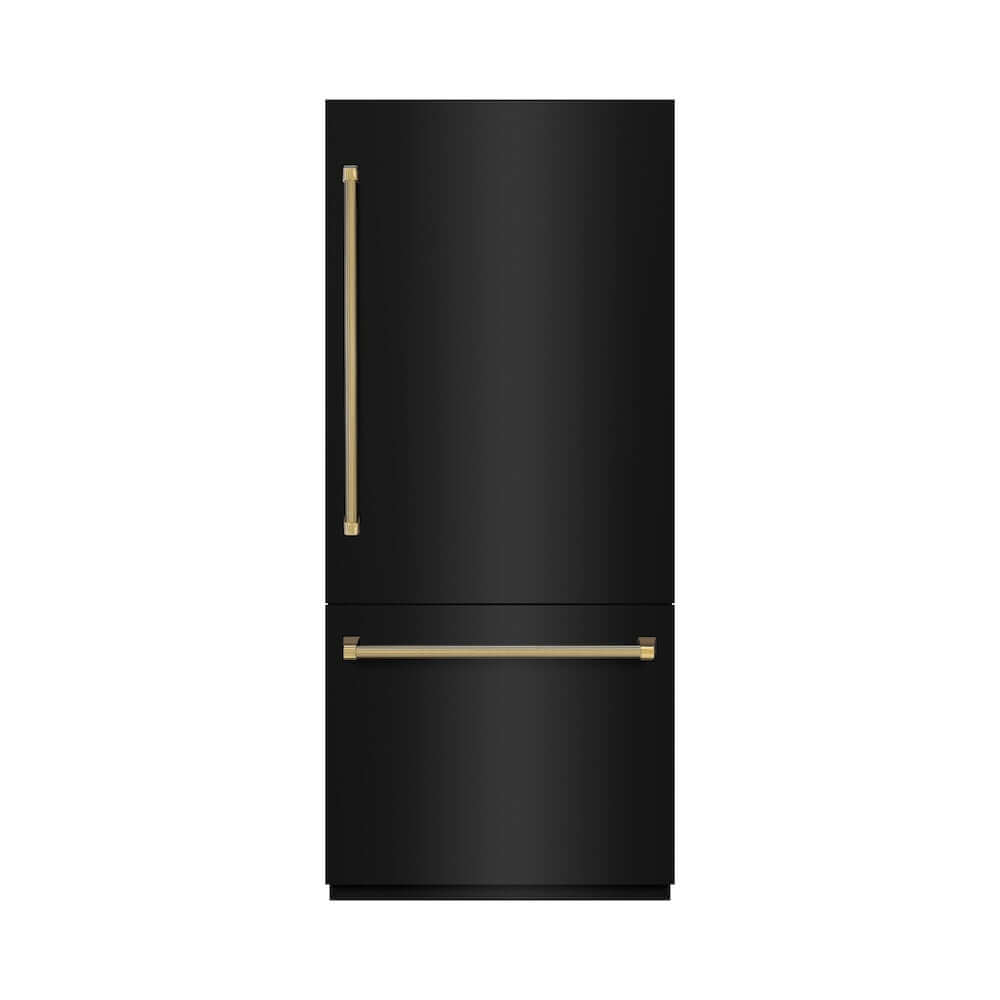 ZLINE Autograph Edition 36 in. 19.8 cu. ft. Built-In Bottom Freezer Refrigerator with Water Dispenser and Ice Maker in Black Stainless Steel with Graphite Gray Interior and Polished Gold Helix Handles (GRBITZ-BS36-KG) front, closed.
