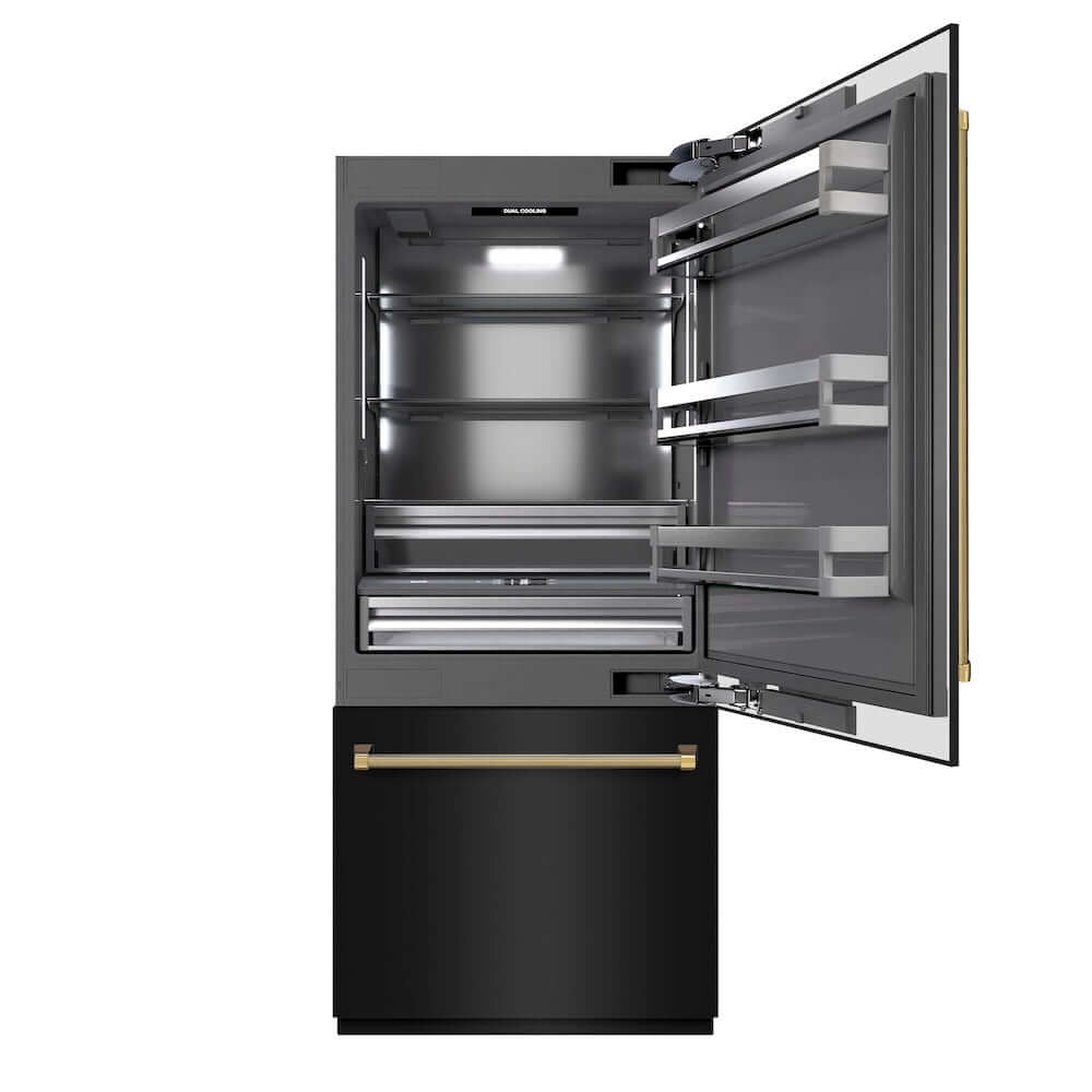 ZLINE Autograph Edition 36 in. 19.8 cu. ft. Built-In Bottom Freezer Refrigerator with Water Dispenser and Ice Maker in Black Stainless Steel with Graphite Gray Interior and Polished Gold Helix Handles (GRBITZ-BS36-KG) main image.