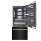 ZLINE Autograph Edition 36 in. 19.8 cu. ft. Built-In Bottom Freezer Refrigerator with Water Dispenser and Ice Maker in Black Stainless Steel with Graphite Gray Interior and Polished Gold Helix Handles (GRBITZ-BS36-KG) front, refrigeration compartment and bottom freezer open.