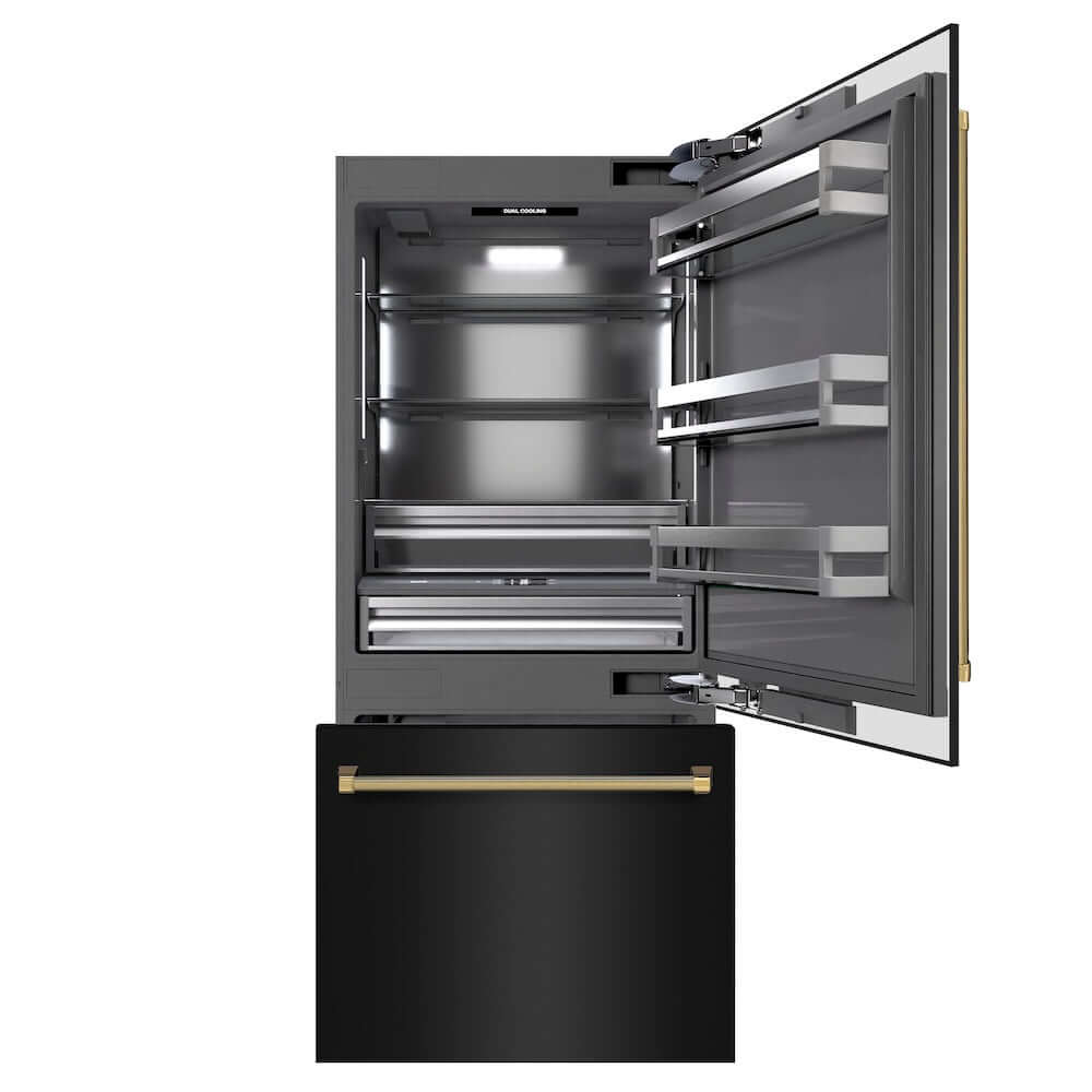 ZLINE Autograph Edition 36 in. 19.8 cu. ft. Built-In Bottom Freezer Refrigerator with Water Dispenser and Ice Maker in Black Stainless Steel with Graphite Gray Interior and Polished Gold Helix Handles (GRBITZ-BS36-KG) front, refrigeration compartment and bottom freezer open.