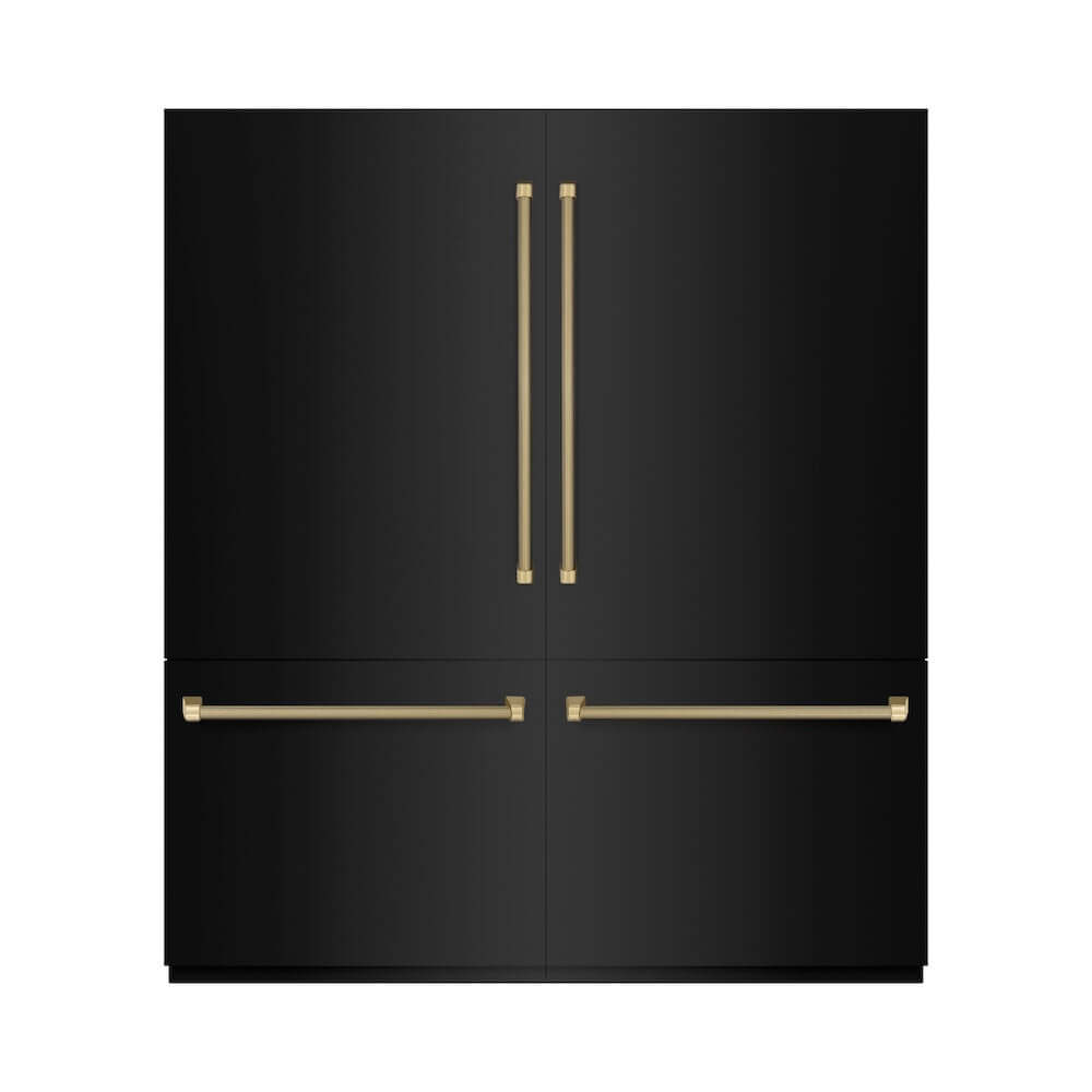 ZLINE Autograph Edition 72 in. 39.6 cu. ft. French Door Built-In Bottom Freezer Refrigerator with Water Dispensers and Ice Makers in Black Stainless Steel with Graphite Gray Interior and Champagne Bronze Helix Handles (GRBITZ-BS72-KCB) front, closed.