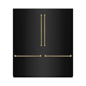 ZLINE Autograph Edition 72 in. 39.6 cu. ft. French Door Built-In Bottom Freezer Refrigerator with Water Dispensers and Ice Makers in Black Stainless Steel with Graphite Gray Interior and Champagne Bronze Helix Handles (GRBITZ-BS72-KCB) front, closed.