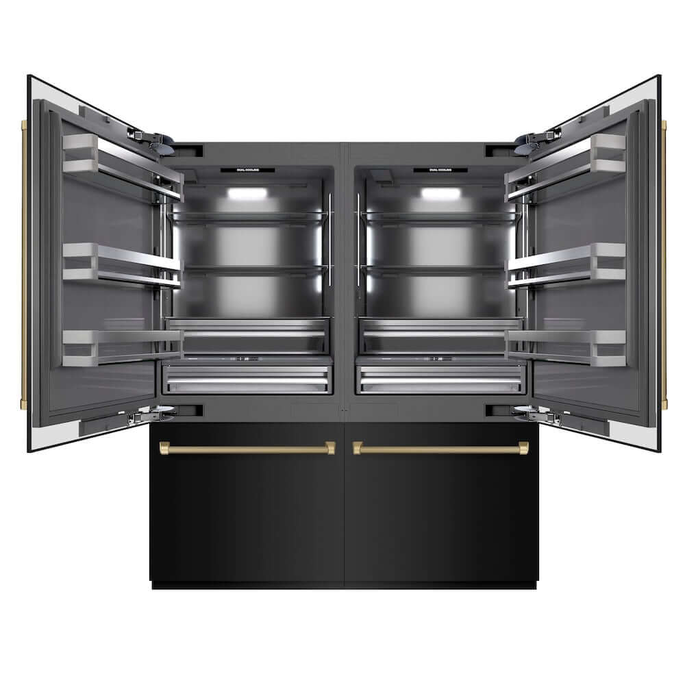 ZLINE Autograph Edition 72 in. 39.6 cu. ft. French Door Built-In Bottom Freezer Refrigerator with Water Dispensers and Ice Makers in Black Stainless Steel with Graphite Gray Interior and Champagne Bronze Helix Handles (GRBITZ-BS72-KCB) main image.