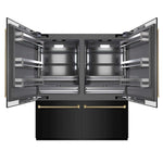 ZLINE Autograph Edition 72 in. 39.6 cu. ft. French Door Built-In Bottom Freezer Refrigerator with Water Dispensers and Ice Makers in Black Stainless Steel with Graphite Gray Interior and Champagne Bronze Helix Handles (GRBITZ-BS72-KCB) front, refrigeration compartment open.