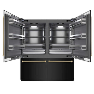 ZLINE Autograph Edition 72 in. 39.6 cu. ft. French Door Built-In Bottom Freezer Refrigerator with Water Dispensers and Ice Makers in Black Stainless Steel with Graphite Gray Interior and Champagne Bronze Helix Handles (GRBITZ-BS72-KCB) main image.