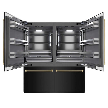 ZLINE Autograph Edition 72 in. 39.6 cu. ft. French Door Built-In Bottom Freezer Refrigerator with Water Dispensers and Ice Makers in Black Stainless Steel with Graphite Gray Interior and Champagne Bronze Helix Handles (GRBITZ-BS72-KCB) front, refrigeration compartment open.