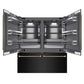 ZLINE Autograph Edition 72 in. 39.6 cu. ft. French Door Built-In Bottom Freezer Refrigerator with Water Dispensers and Ice Makers in Black Stainless Steel with Graphite Gray Interior and Champagne Bronze Helix Handles (GRBITZ-BS72-KCB) front, refrigeration compartment and bottom freezer open.
