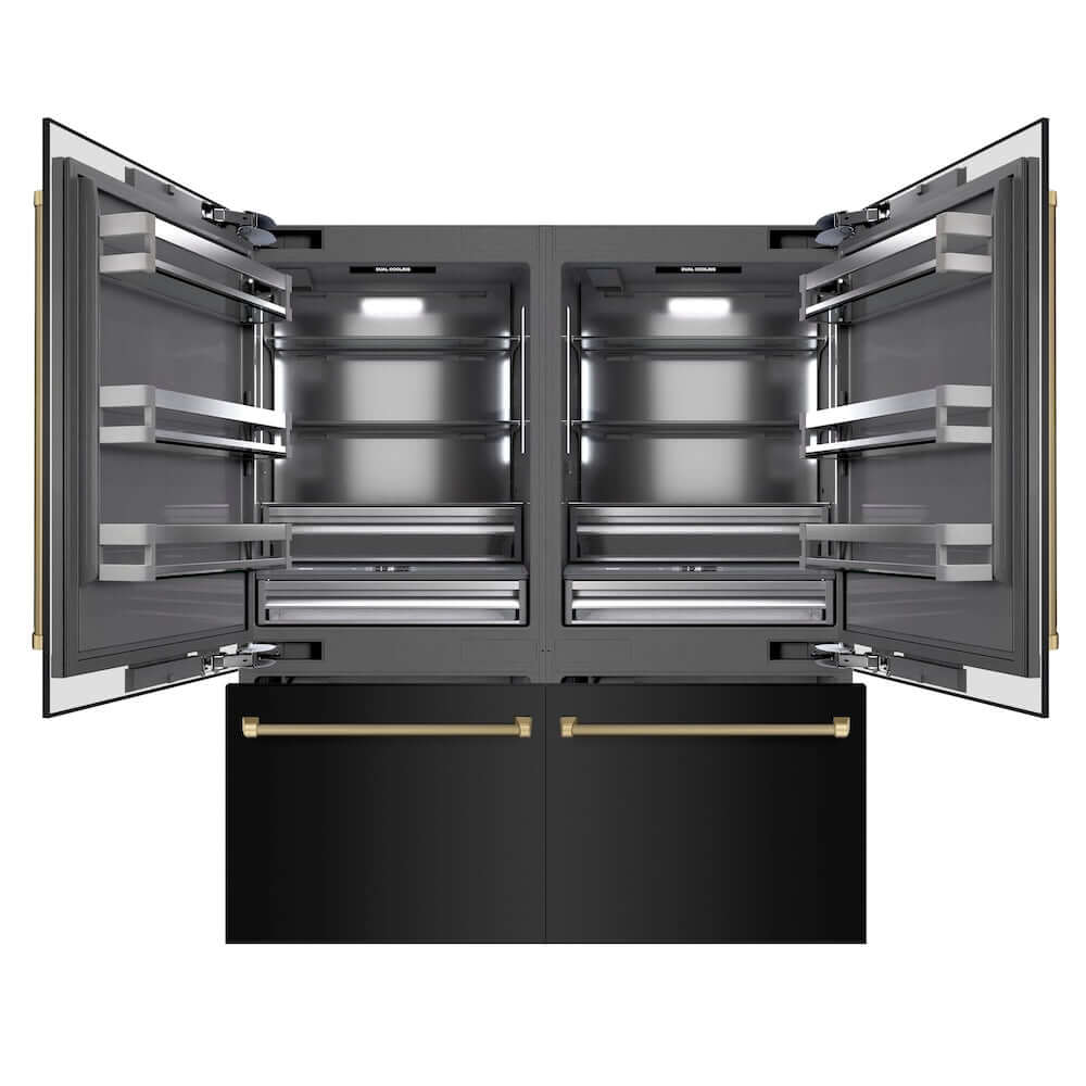 ZLINE Autograph Edition 72 in. 39.6 cu. ft. French Door Built-In Bottom Freezer Refrigerator with Water Dispensers and Ice Makers in Black Stainless Steel with Graphite Gray Interior and Champagne Bronze Helix Handles (GRBITZ-BS72-KCB) front, refrigeration compartment and bottom freezer open.