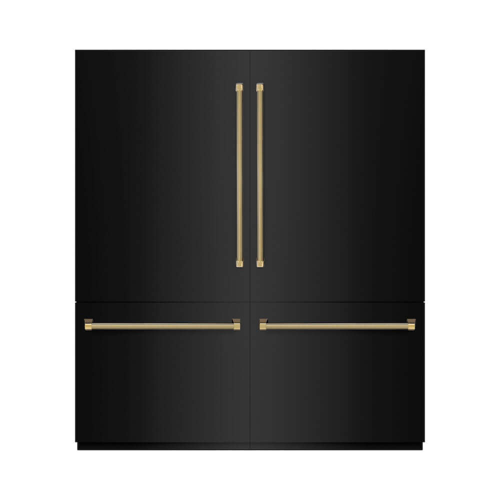 ZLINE Autograph Edition 72 in. 39.6 cu. ft. French Door Built-In Bottom Freezer Refrigerator with Water Dispensers and Ice Makers in Black Stainless Steel with Graphite Gray Interior and Polished Gold Helix Handles (GRBITZ-BS-72-KG) front, closed.