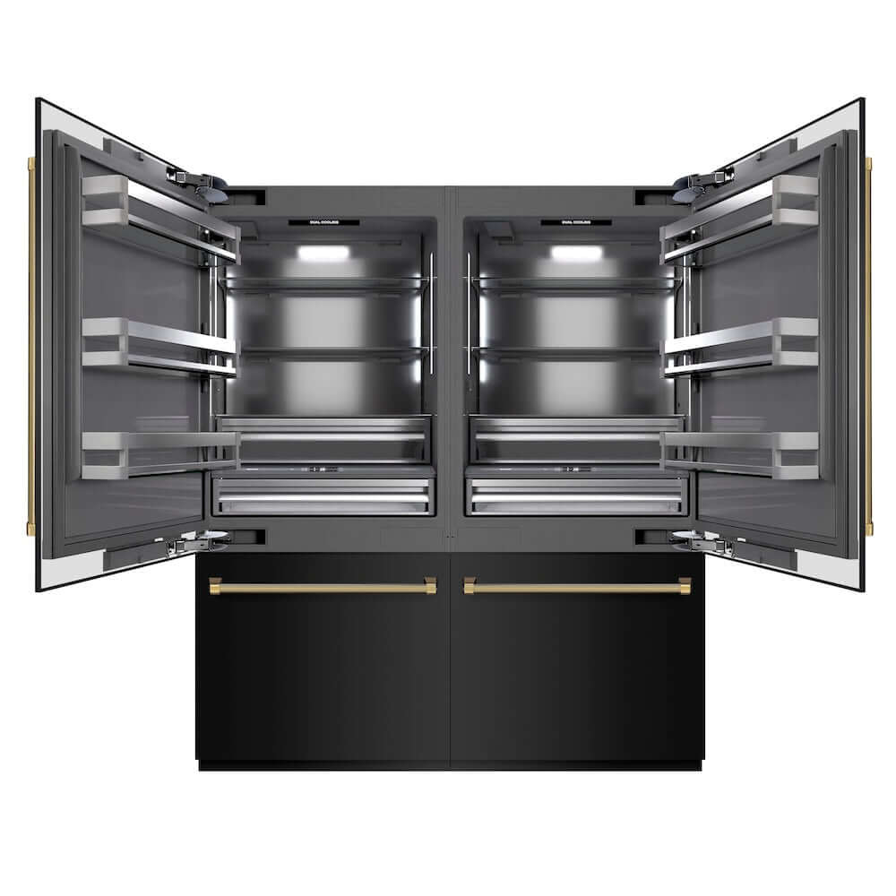 ZLINE Autograph Edition 72 in. 39.6 cu. ft. French Door Built-In Bottom Freezer Refrigerator with Water Dispensers and Ice Makers in Black Stainless Steel with Graphite Gray Interior and Polished Gold Helix Handles (GRBITZ-BS-72-KG) main image.