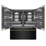 ZLINE Autograph Edition 72 in. 39.6 cu. ft. French Door Built-In Bottom Freezer Refrigerator with Water Dispensers and Ice Makers in Black Stainless Steel with Graphite Gray Interior and Polished Gold Helix Handles (GRBITZ-BS-72-KG) front, refrigeration compartment open.
