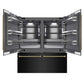 ZLINE Autograph Edition 72 in. 39.6 cu. ft. French Door Built-In Bottom Freezer Refrigerator with Water Dispensers and Ice Makers in Black Stainless Steel with Graphite Gray Interior and Polished Gold Helix Handles (GRBITZ-BS-72-KG) front, refrigeration compartment and bottom freezer open.