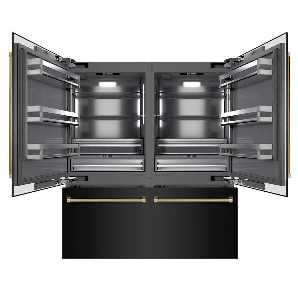 ZLINE Autograph Edition 72 in. 39.6 cu. ft. French Door Built-In Bottom Freezer Refrigerator with Water Dispensers and Ice Makers in Black Stainless Steel with Graphite Gray Interior and Polished Gold Helix Handles (GRBITZ-BS-72-KG) front, refrigeration compartment and bottom freezer open.
