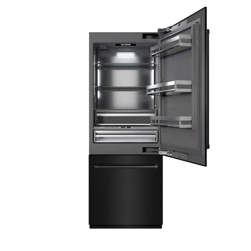 ZLINE 30 in. 16.1 cu. ft. Built-In Bottom Freezer Refrigerator with Water Dispenser and Ice Maker in Black Stainless Steel with Graphite Gray Interior (GRBIV-BS-30) front, refrigeration compartment open.