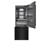 ZLINE 30 in. 16.1 cu. ft. Built-In Bottom Freezer Refrigerator with Water Dispenser and Ice Maker in Black Stainless Steel with Graphite Gray Interior (GRBIV-BS-30) front, refrigeration compartment and bottom freezer drawers open.