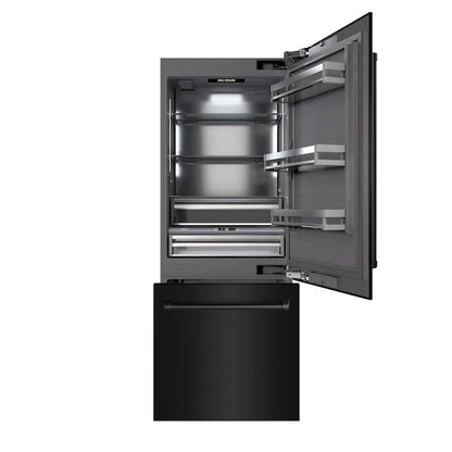 ZLINE 30 in. 16.1 cu. ft. Built-In Bottom Freezer Refrigerator with Water Dispenser and Ice Maker in Black Stainless Steel with Graphite Gray Interior (GRBIV-BS-30) front, refrigeration compartment and bottom freezer drawers open.