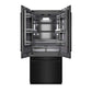 ZLINE 36 in. 19.6 cu. ft. French Door Built-In Bottom Freezer Refrigerator with Water Dispenser and Ice Maker in Black Stainless Steel with Graphite Gray Interior (GRBIV-BS-36) front, refrigeration compartment open.