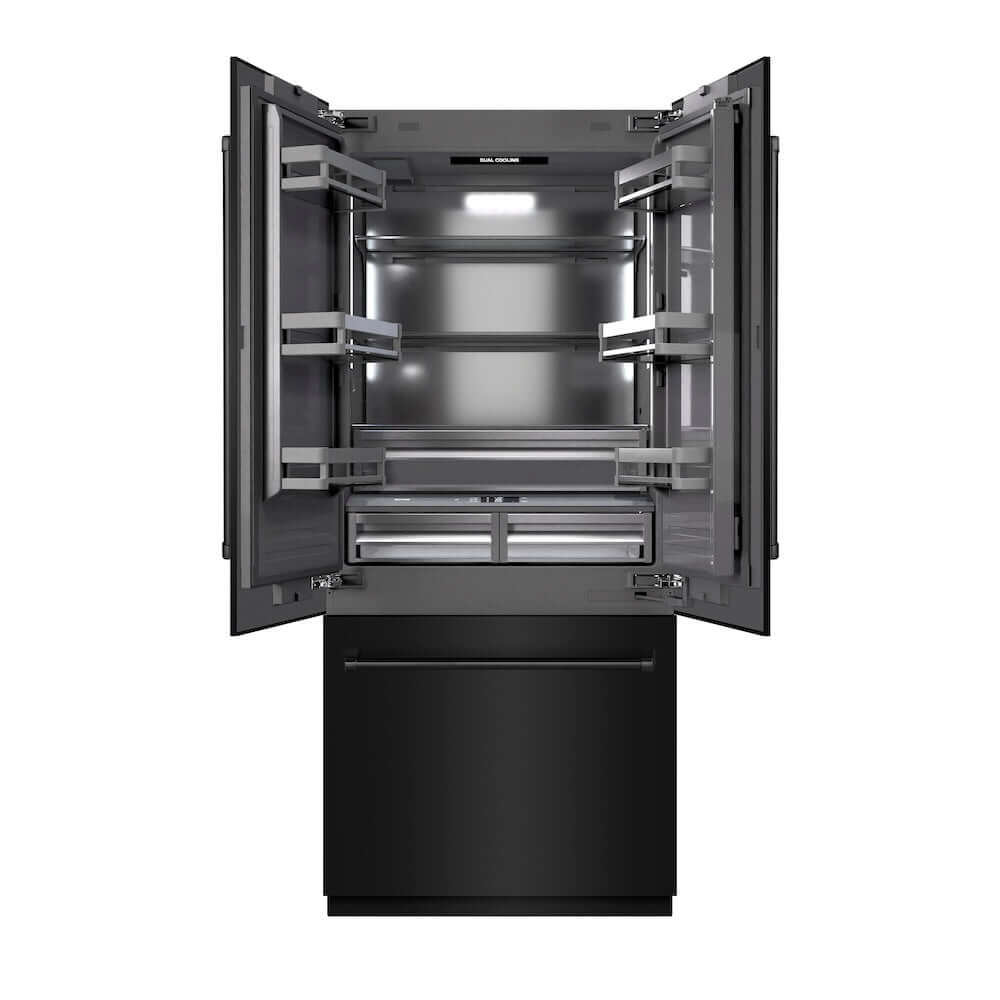 ZLINE 36 in. 19.6 cu. ft. French Door Built-In Bottom Freezer Refrigerator with Water Dispenser and Ice Maker in Black Stainless Steel with Graphite Gray Interior (GRBIV-BS-36) front, refrigeration compartment open.