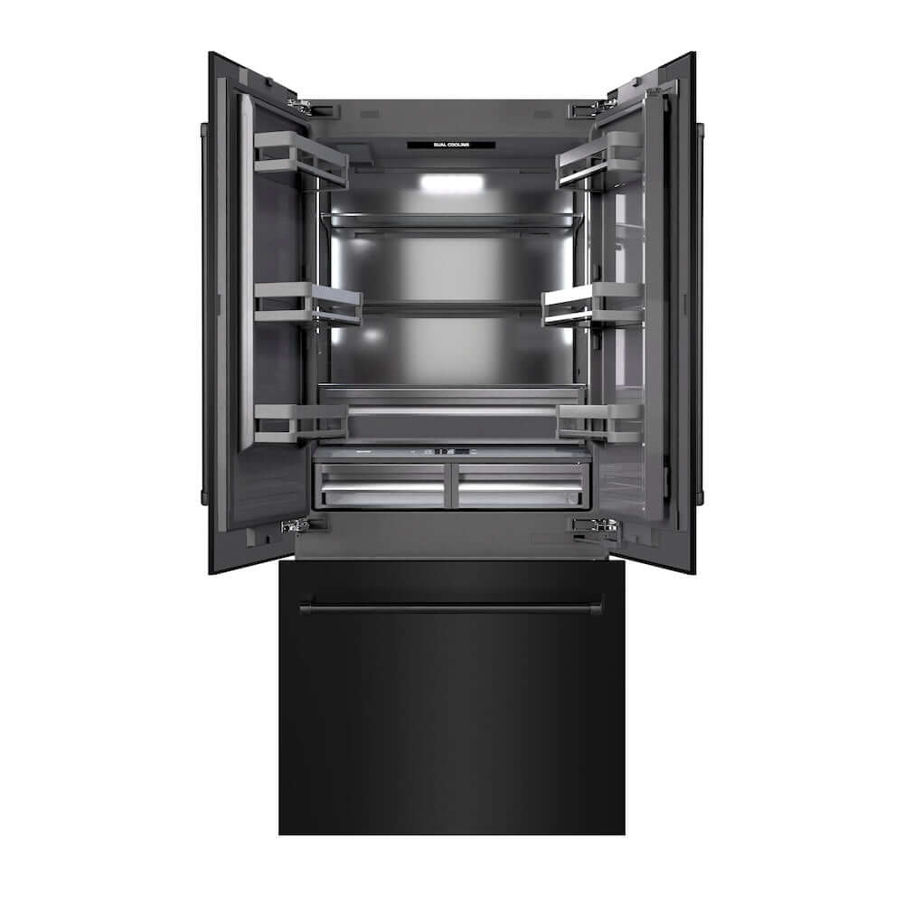 ZLINE 36 in. 19.6 cu. ft. French Door Built-In Bottom Freezer Refrigerator with Water Dispenser and Ice Maker in Black Stainless Steel with Graphite Gray Interior (GRBIV-BS-36) main image.
