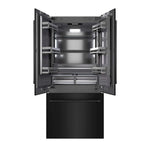 ZLINE 36 in. 19.6 cu. ft. French Door Built-In Bottom Freezer Refrigerator with Water Dispenser and Ice Maker in Black Stainless Steel with Graphite Gray Interior (GRBIV-BS-36) front, refrigeration compartment and bottom freezer drawers open.