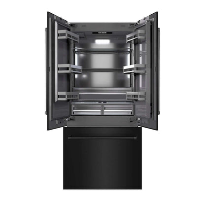 ZLINE 36 in. 19.6 cu. ft. French Door Built-In Bottom Freezer Refrigerator with Water Dispenser and Ice Maker in Black Stainless Steel with Graphite Gray Interior (GRBIV-BS-36) front, refrigeration compartment and bottom freezer drawers open.